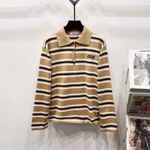 Miu Miu Beige and White Striped Polo Shirt